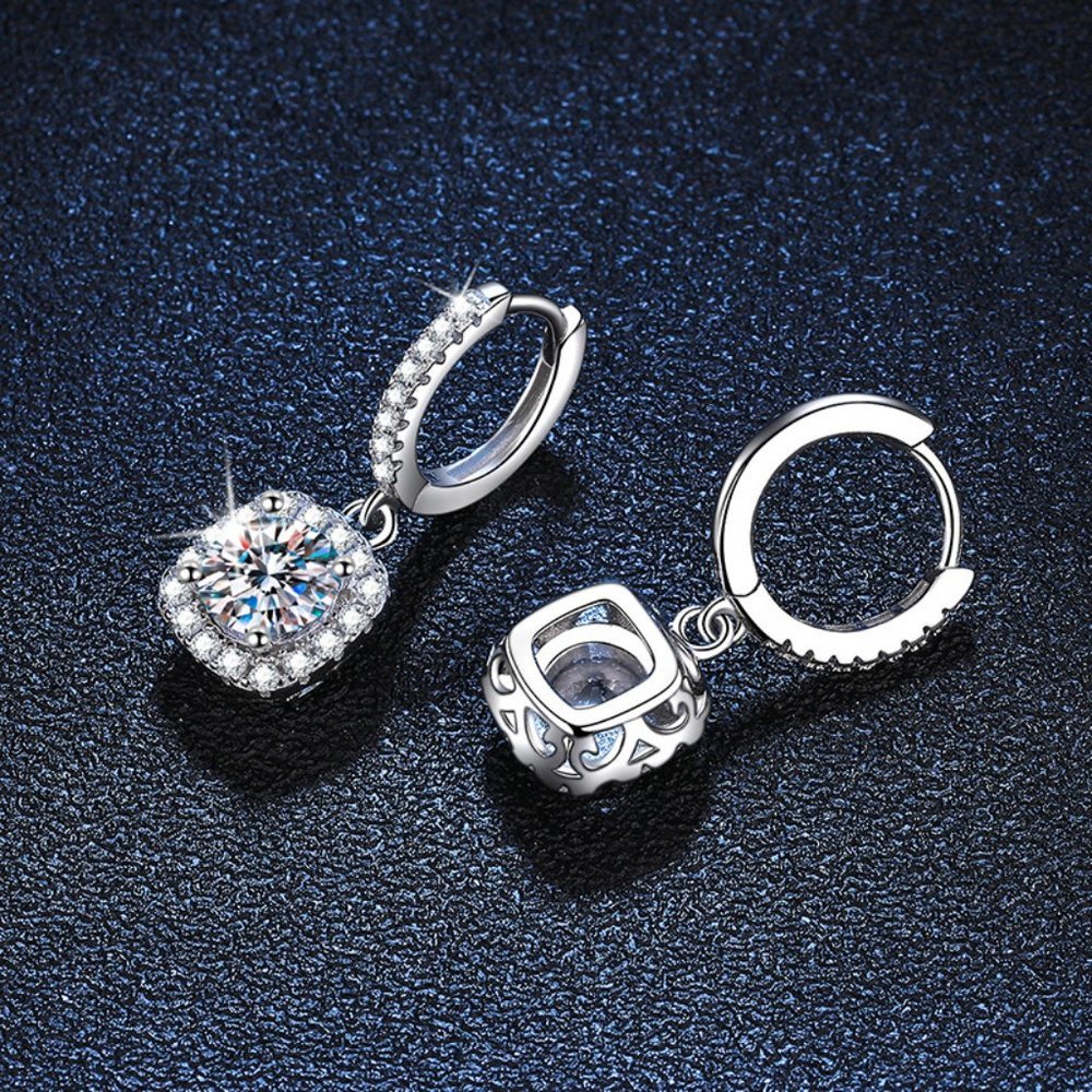 Certified 2ct. t.w. Moissanite Diamond Cushion Halo Drop Hoop Earrings NEW - Picture 6 of 12